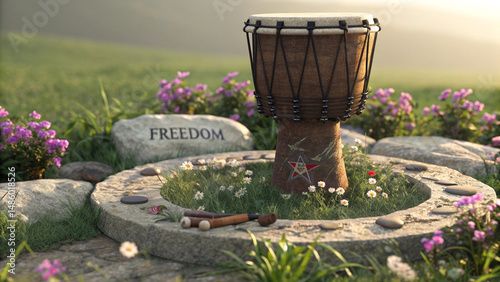 A traditional African drum surrounded by blooming flowers, placed in the center of a stone circle with the word “Freedom” subtly carved into each stone