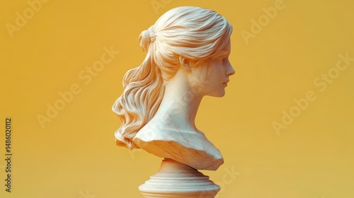 Profile view of a classical marble bust sculpture of a young woman with detailed wavy hair tied back against a solid warm yellow background