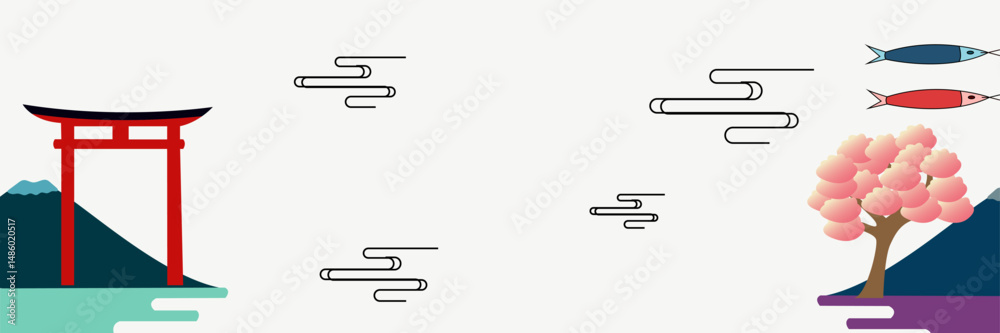Japanese Landscape Illustration for Travel and Culture, Torii Gate and Sakura Vector for Japan Themed Designs Japanese Landscape Illustration for Travel and Culture, Torii Gate and Sakura Vector for Japan Themed Designs