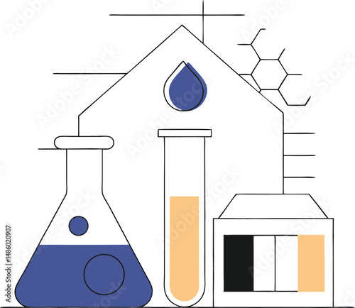 Illustration of laboratory equipment with abstract droplet and test tubes