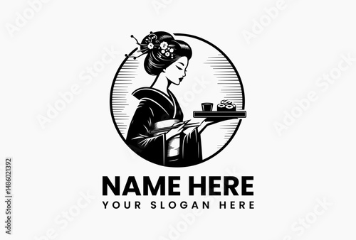 Traditional Japanese geisha with striped kimono offering sushi plate clean vector logo on white. Asian culinary branding