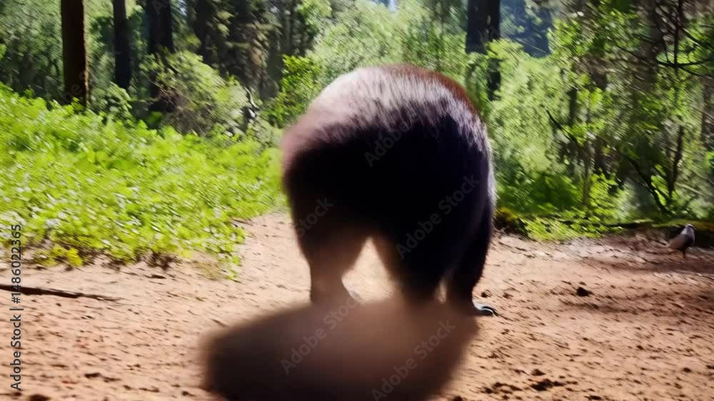 Badger walking through a sunlit forest with tall trees and green ground cover, viewed from a low angle, on a sunny day.