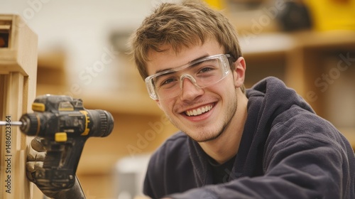 Enthusiastic young craftsman applying precision with power drill in carpentry workshop
