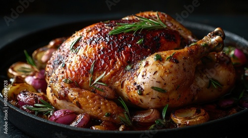 Delicious roasted whole chicken with crispy skin garnished with herbs and garlic cooked with colorful vegetables in a dark skillet for a comforting meal