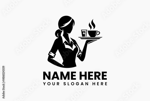 Minimalist vector logo silhouette illustration of a waitress in uniform carefully balancing a tray with two steaming cups of coffee. Food service concept