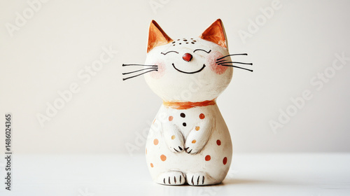 A charming ceramic cat figurine with a joyful expression, adorned in playful polka dots, perfect for home decor.