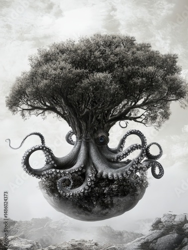 Surreal depiction of an octopus entwined with a tree, floating above a mystical landscape