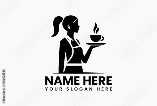 Minimalist black silhouette of professional waitress balancing tray with two steaming coffee cups vector logo. Cafe service concept