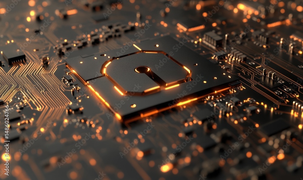 Cyber security chip glowing on circuit board Cyber security chip glowing on circuit board