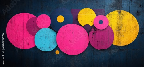 Bright multicolored overlapping circles painted on a dark textured wall creating a modern abstract mural with vibrant pink, yellow, blue, and purple hues