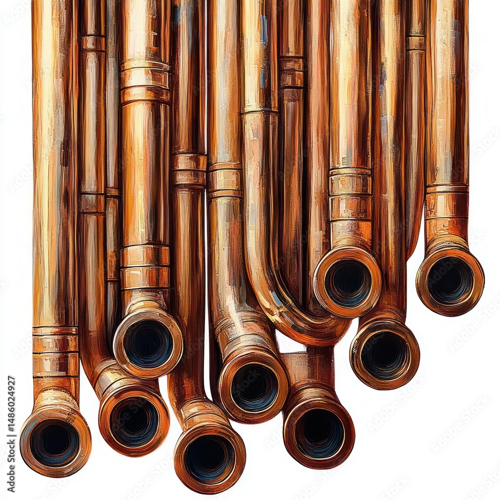 Naklejka premium Close-up view of multiple shiny copper pipes with various bends and openings arranged tightly together