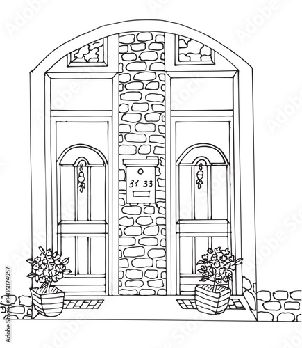 Illustration of a house facade in a hand-drawn style on a white background.