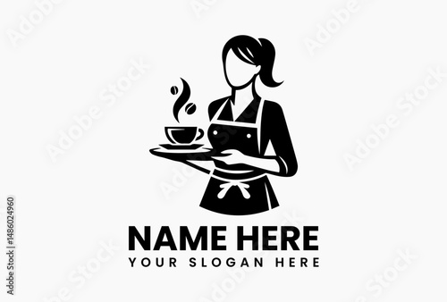 Stylized waitress silhouette carefully carrying tray with two hot coffee cups simple vector logo. Food service branding