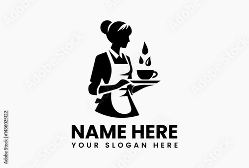 Clean vector outline of uniformed waitress balancing serving tray with two steaming coffee mugs. Hospitality industry logo
