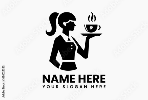 Efficient waitress silhouette with tray and two coffee cups minimalist vector service logo. Cafe staff concept