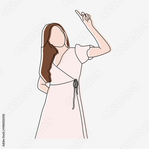 Outlined Woman in Wrap Dress Pointing Upward with Color, Stylized Female Figure with Raised Index Finger and Highlights
