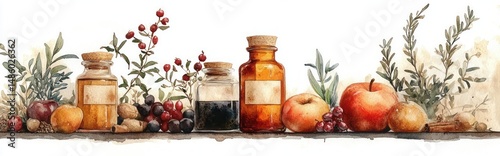 Watercolor painting of various bottles with cork stoppers, surrounded by apples, berries, nuts, cinnamon sticks, and green leafy herbs on a wooden surface