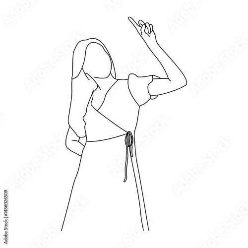 Line Art of a Woman Pointing Upward, Outline Drawing of a Female with Raised Index Finger