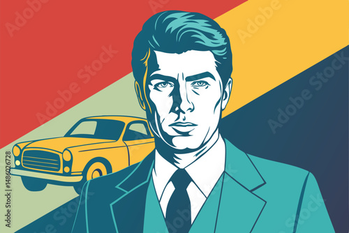 Retro illustration of a sophisticated man in a suit with a classic car