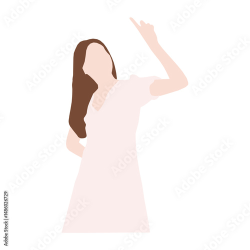 Flat Woman Illustration Pointing Upward in Wrap Dress, Simple Female Figure with Raised Index Finger and Solid Colors
