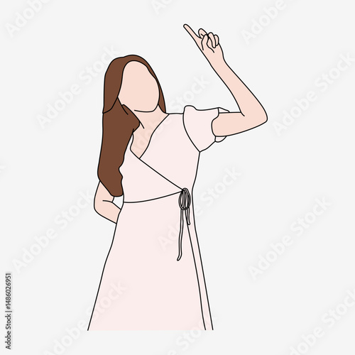 Line Art Woman Pointing Upward in Wrap Dress, Outline Female Figure with Raised Index Finger