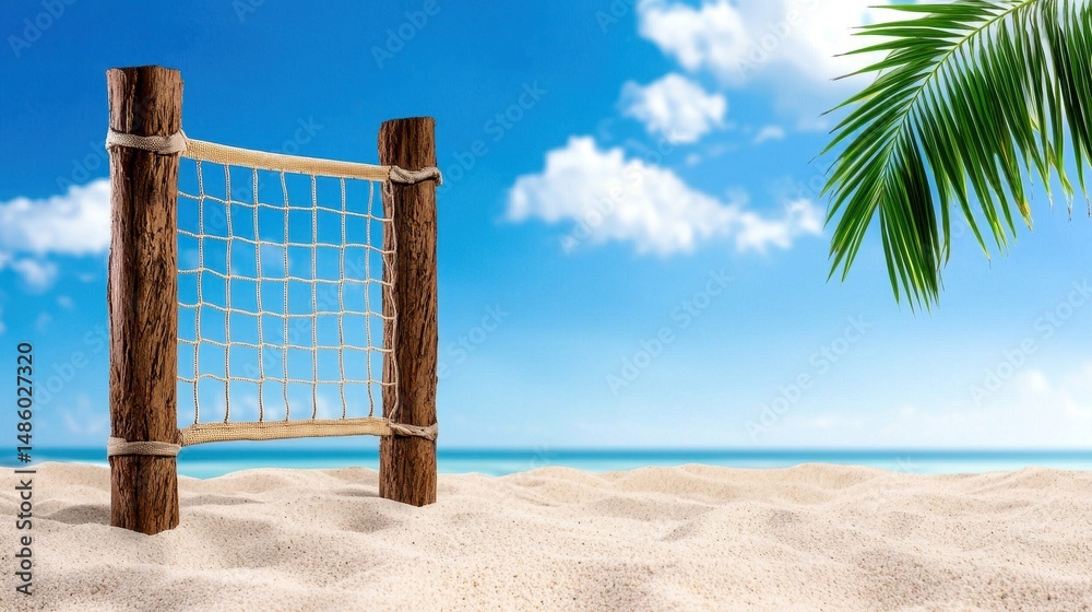 Beach Volleyball Net on Sandy Shore Under Sunny Sky Beach Volleyball Net on Sandy Shore Under Sunny Sky