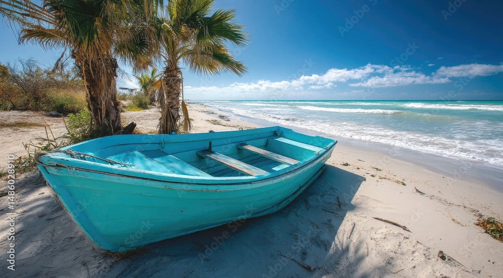 Turquoise boat on sunny beach Turquoise boat on sunny beach