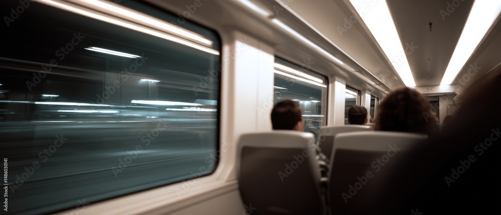 Fototapeta premium Modern Train Interior with Calm Passengers and Motion Blur Outside Window