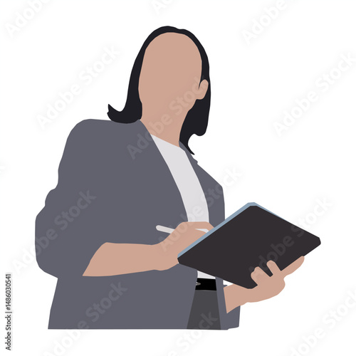 Flat Businesswoman Illustration Writing on Tablet, Simple Female Professional Taking Notes on Digital Device