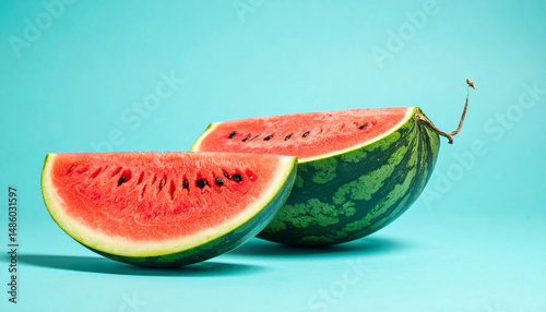 Watermelon Isolated on Light Blue Background – Retro Style Fruit Concept with Vibrant Design photo