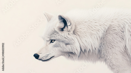 A stunning close-up of an arctic wolf, showcasing its soft, white fur and piercing blue eyes against a muted background.