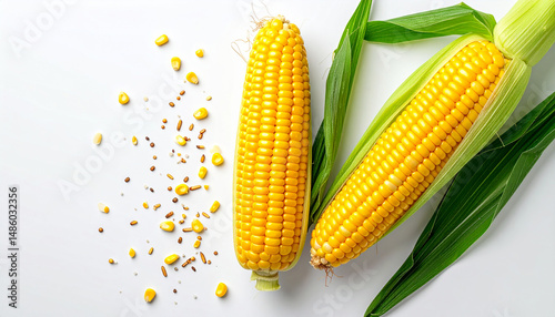 Whole Corn with Green Leaves and Scattered Kernels Isolated on White Background – Fresh Harvest photo