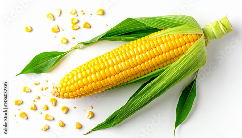 Whole Corn with Green Leaves and Scattered Kernels Isolated on White Background – Fresh Harvest photo
