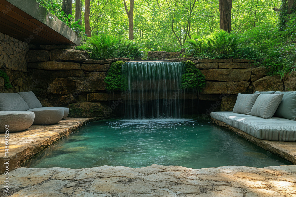Naklejka premium Couch by pool waterfalls.