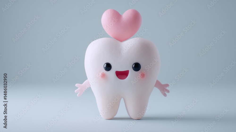 Fototapeta premium Happy tooth character with a pink heart