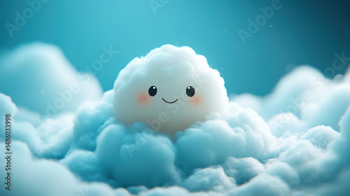cute cartoon character floating on cloud, smiling cloud character surrounded by soft, fluffy clouds in a dreamy blue atmosphere.