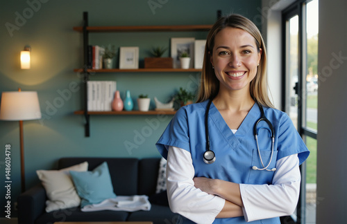 Confident female medical professional smiling in modern healthcare setting