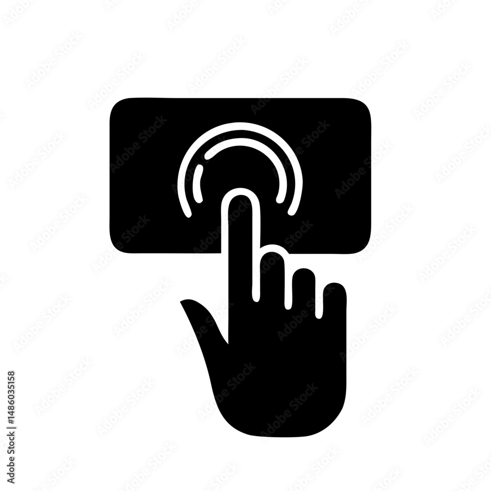 Hand pressing touchscreen icon with circular feedback lines Hand pressing touchscreen icon with circular feedback lines