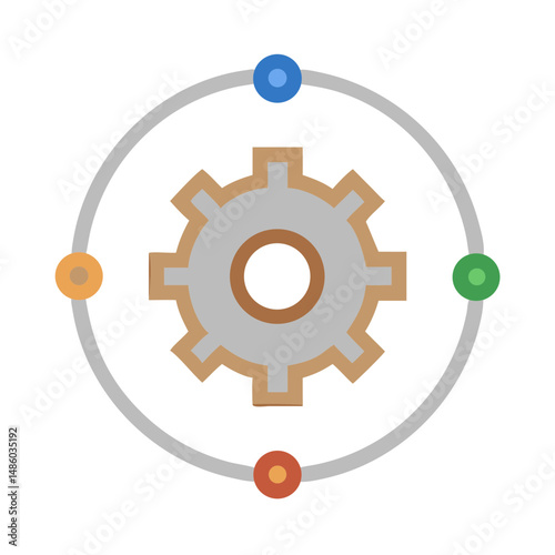 Circular gear system icon with colored connectors in flat style