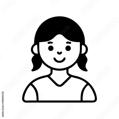 Smiling girl with dark pigtails in black and white icon