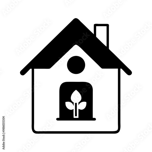 Black house icon with person holding a sprout
