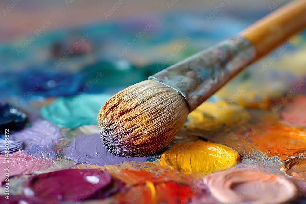 Fototapeta premium Close-Up Paintbrush with Vibrant Circular Palette 