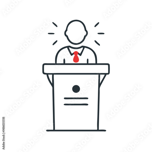 Politician giving speech at podium with red tie in outline style