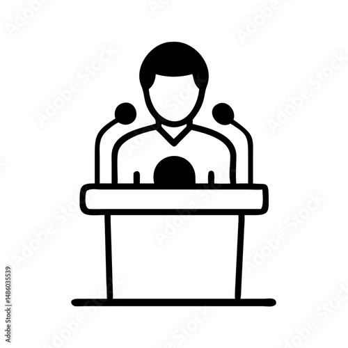 Public speaker icon at podium with microphones in black outline