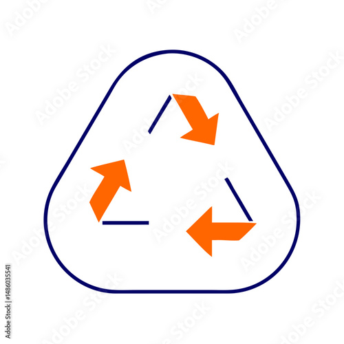 Triangular recycle icon with orange arrows in outline style