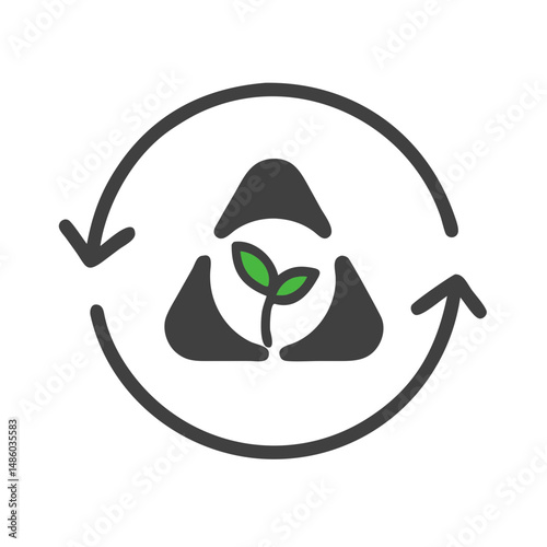 Recycle triangle with plant inside and circular arrows around