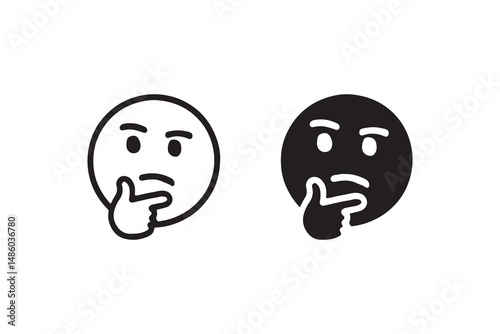 Black and white thinking face with hand on chin