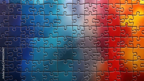 Close-up of a colorful jigsaw puzzle with interconnected pieces in shades of blue, red, orange, and gray, showing a smooth gradient effect
