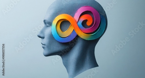 Side profile of a human head with a colorful paper infinity symbol wrapped around the ear, symbolizing endless ideas and creativity