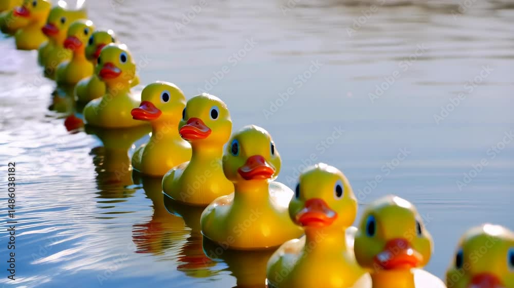 Line of yellow rubber ducks floating in water, reflections of the toys in the ripples on the surface of the lake during the day.